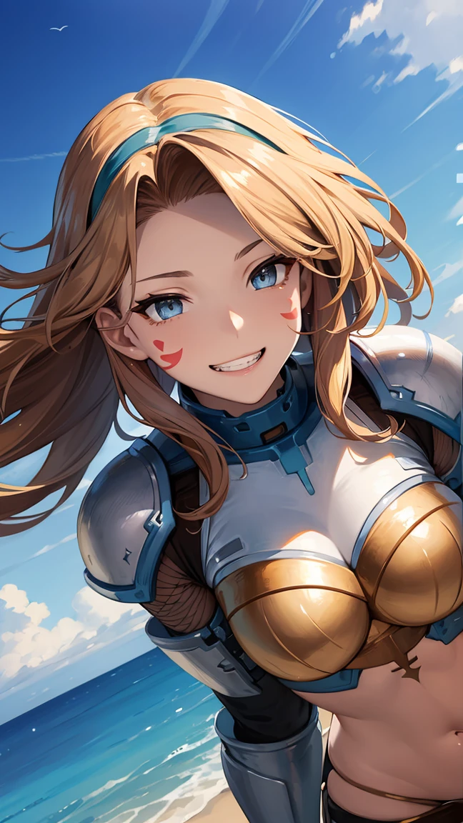 katalina (granblue fantasy), 
BREAK (open clothes, hairband, grin, (gold armor), body markings:1.2), BREAK fishnet, ocean, partially submerged, happy, looking at you, closed mouth, blue sky,
BREAK (masterpiece:1.2), best quality, high resolution, unity 8k wallpaper, (illustration:0.8), (beautiful detailed eyes:1.6), extremely detailed face, perfect lighting, extremely detailed CG, (perfect hands, perfect anatomy),