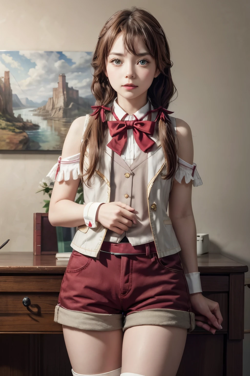 ((best quality, high quality, masterpiece, highres)), roroa amidonia, 1girl, solo, looking at viewer, red bow, red ribbon,indoors, red bowtie, wrist cuffs, vest, shorts, cowboy shot, 