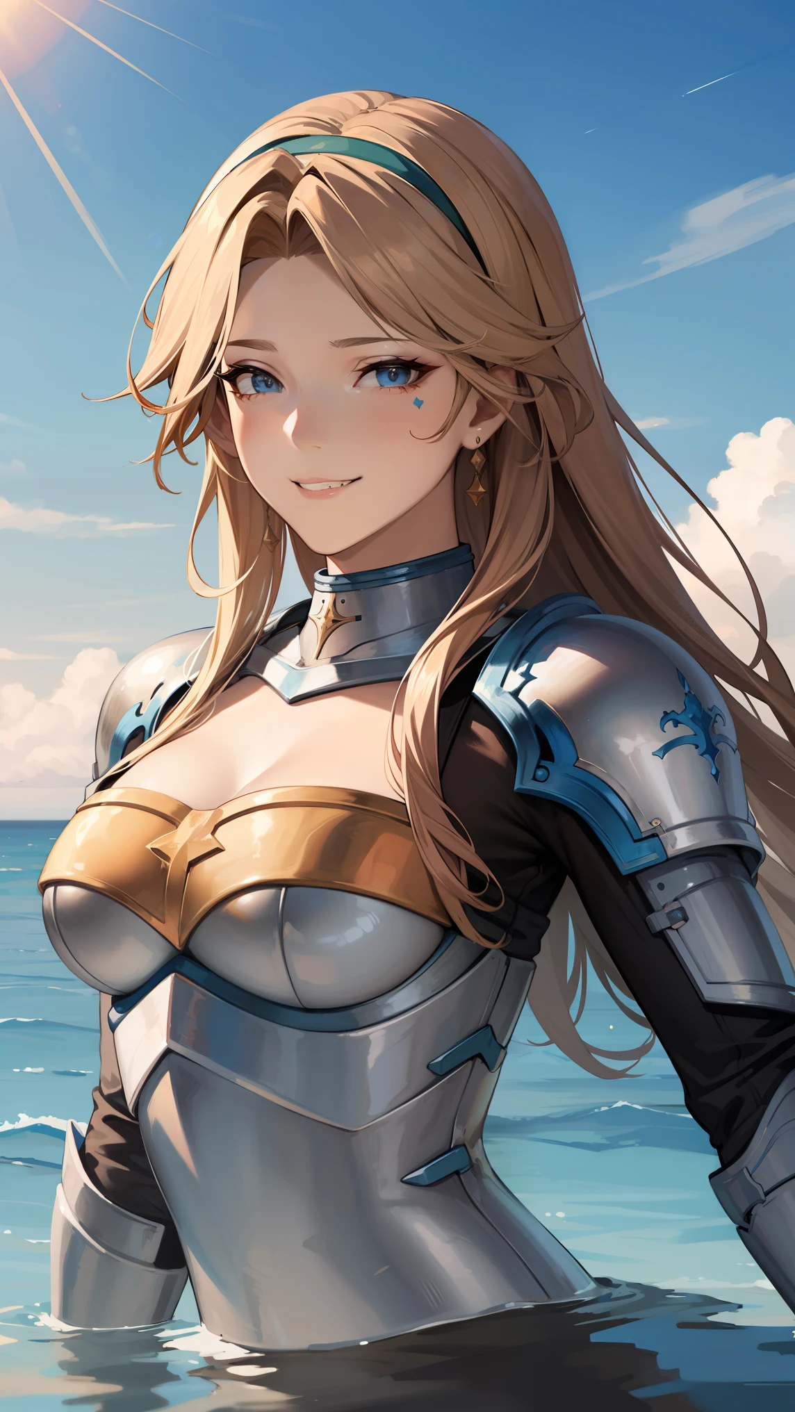 katalina (granblue fantasy), 
BREAK (open clothes, hairband, grin, (gold armor), body markings:1.2), BREAK fishnet, ocean, partially submerged, happy, looking at you, closed mouth, blue sky,
BREAK (masterpiece:1.2), best quality, high resolution, unity 8k wallpaper, (illustration:0.8), (beautiful detailed eyes:1.6), extremely detailed face, perfect lighting, extremely detailed CG, (perfect hands, perfect anatomy),