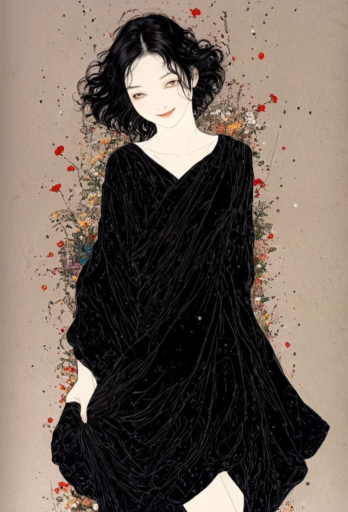 arte lineal、virgen、salpicado、sonrisa loca、Flores cayendo、Estilo Takato Yamamoto、vestido negro