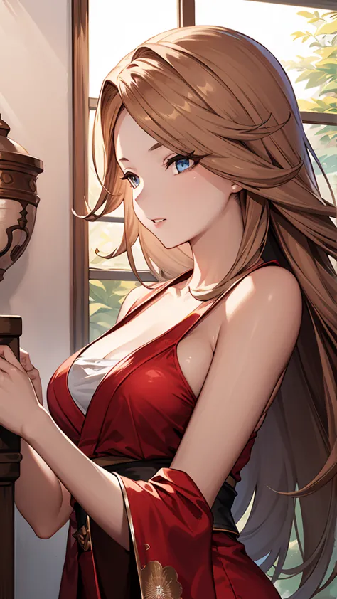 katalina (granblue fantasy), 
break (red dress,sleeveless,japanese_clothes,bare_shoulders,(closed_clothes):1.2), break is standi...