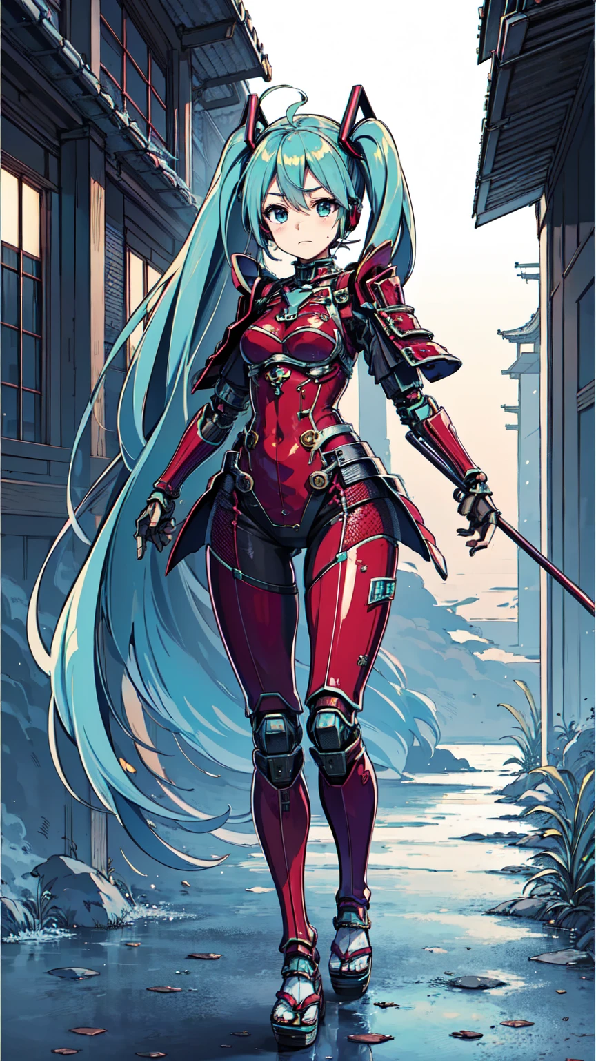 Adult Woman, Hatsune Miku, Dignified Face, ((Japanese Armor)), Cyberpunk, High Heels, Masterpiece, Top Quality, Super Detailed, Dignified Face, Anime Visuals, Heavy Cybernetic Leotard, Science Fiction, Good _ Face: 0.8