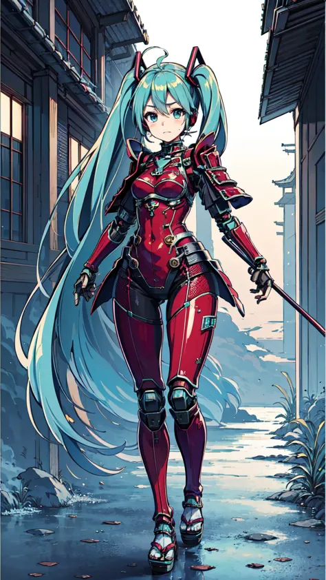 adult woman, hatsune miku, dignified face, ((japanese armor)), cyberpunk, high heels, masterpiece, top quality, super detailed, ...