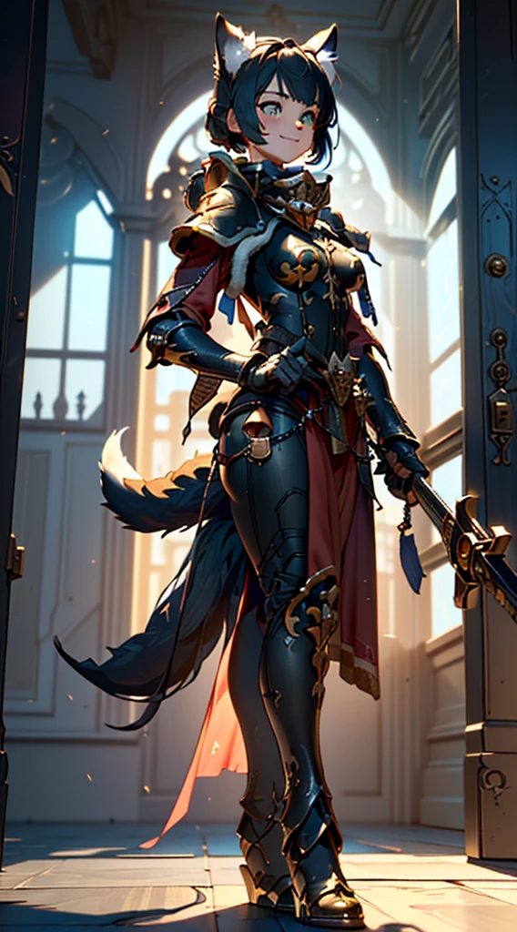 Wide Angle Panorama，(Beautiful woman face:1.5), (Cute images of standing on the floor:1.5), (A hairy cat-like body and cat-like legs:1.5), (Holding a heavy sword:1.2), (Plump breasts), ( Anime-style 3D:1.5), Metal Armor Skirt, Under the metal armor, (Hairy limbs:1.45), (very long, fluffy fox tail:1.45), (非常にdetailedな CG Unity 16K 壁紙:1.3), Dynamic Angle, Golden Ratio, (masterpiece:1.37), (detailed:1.15), Cinematic Light, Side lighting, High resolution, Perfect Iris, (applause), Realistic texture, （Realistically：1.37）, (smile:1.1), Ray Tracing, Hyper HD, (Highest quality:1.13)