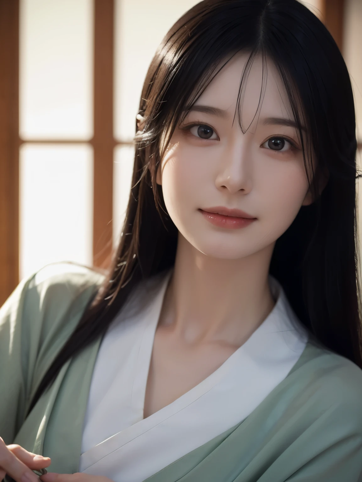 (ultra-detailed),((portrait )),1beautiful Japanese girl,beautiful detailed eyes,beautiful detailed lips,extremely detailed face,longeyelashes,soft smile,natural lighting, wearling japanese elegant Kimono,realistic,(masterpiece:1.4),(best quality:1.4),(shiny skin),makeup,smile(skinny,closed mouth,shy :1.3) ,((smile)),(8k, RAW photo, best quality, masterpiece:1.2), (realistic, photo-realistic:1.37),(sharp focus:1.2), professional lighting, photon mapping, radiosity, physically-based rendering,