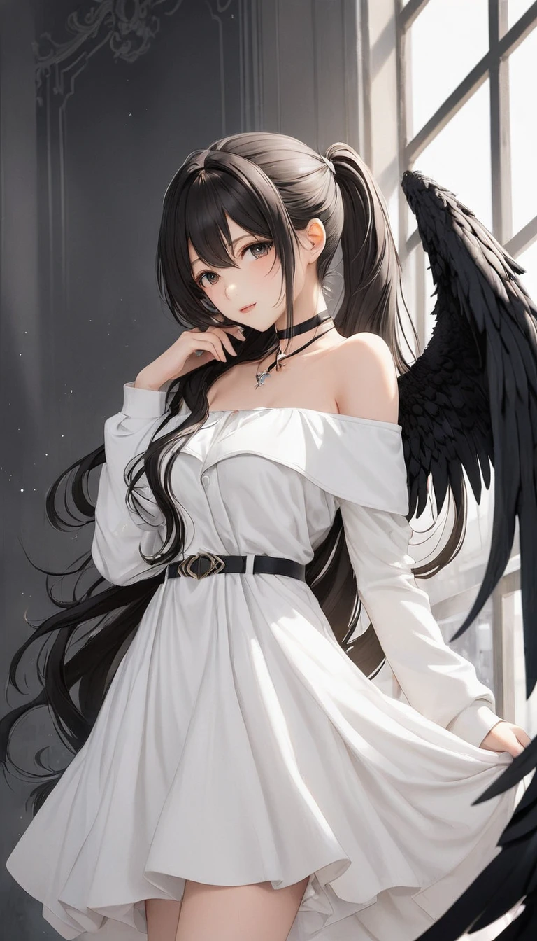 Cowboy Shot, (Black wings:1.2), Very long hair, Side Ponytail, choker, Holding, Off the shoulder, (White Dress:1.3), White jacket,Hello,