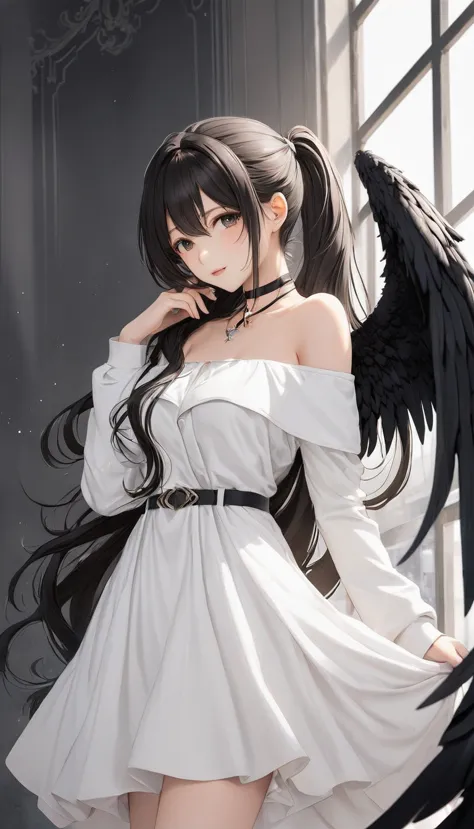 cowboy shot, (black wings:1.2), very long hair, side ponytail, choker, holding, off the shoulder, (white dress:1.3), white jacke...