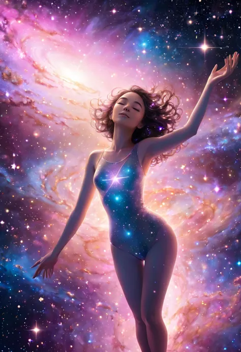 a beautiful woman floating in the vastness of space. a background of sparkling stars and a beautiful galaxy. she is at the cente...