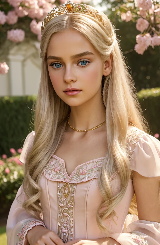 A long shot photo of a White Blonde hair, fluffy hair, stylish hair, long hair, lilac eyes, perfect eyes, beautiful, perfect face, (((age 6))), , tiny, kind, curvy, a flowing pale airy gown with ruffles along the bottom with tiny pink flowers and gold dragon embroideries with flowers, Her tiara had a pretty teal gemstones, silver necklace, lifesize dollhouse In background, royal, royalty, red castle, lush gardens, medieval, elegant surroundings, soft dewy makeup look, light peach blush, soft tan eyeshadow, light coral lipstick, cutesy, girlish, girly, guileless, ingénue, princess , whimsical lighting, Targaryen, octane render, highly detailed, photorealistic
