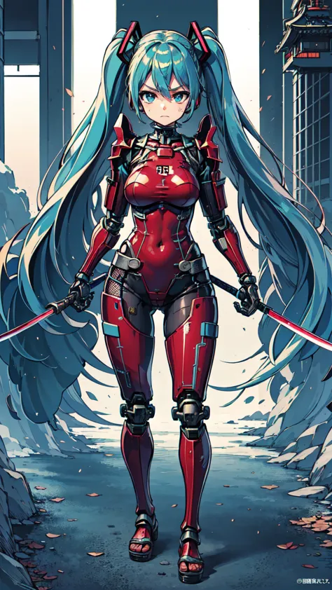 adult woman, hatsune miku, dignified face, ((japanese armor warrior)), ((heavy cybernetic leotards)), cyberpunk, high heels, mas...