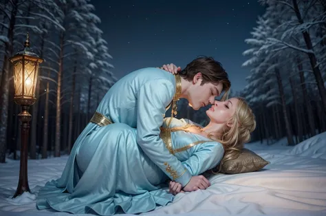 the image shows a couple in a fairytale setting, with a winter atmosphere in the background. the woman has blonde hair and wears...