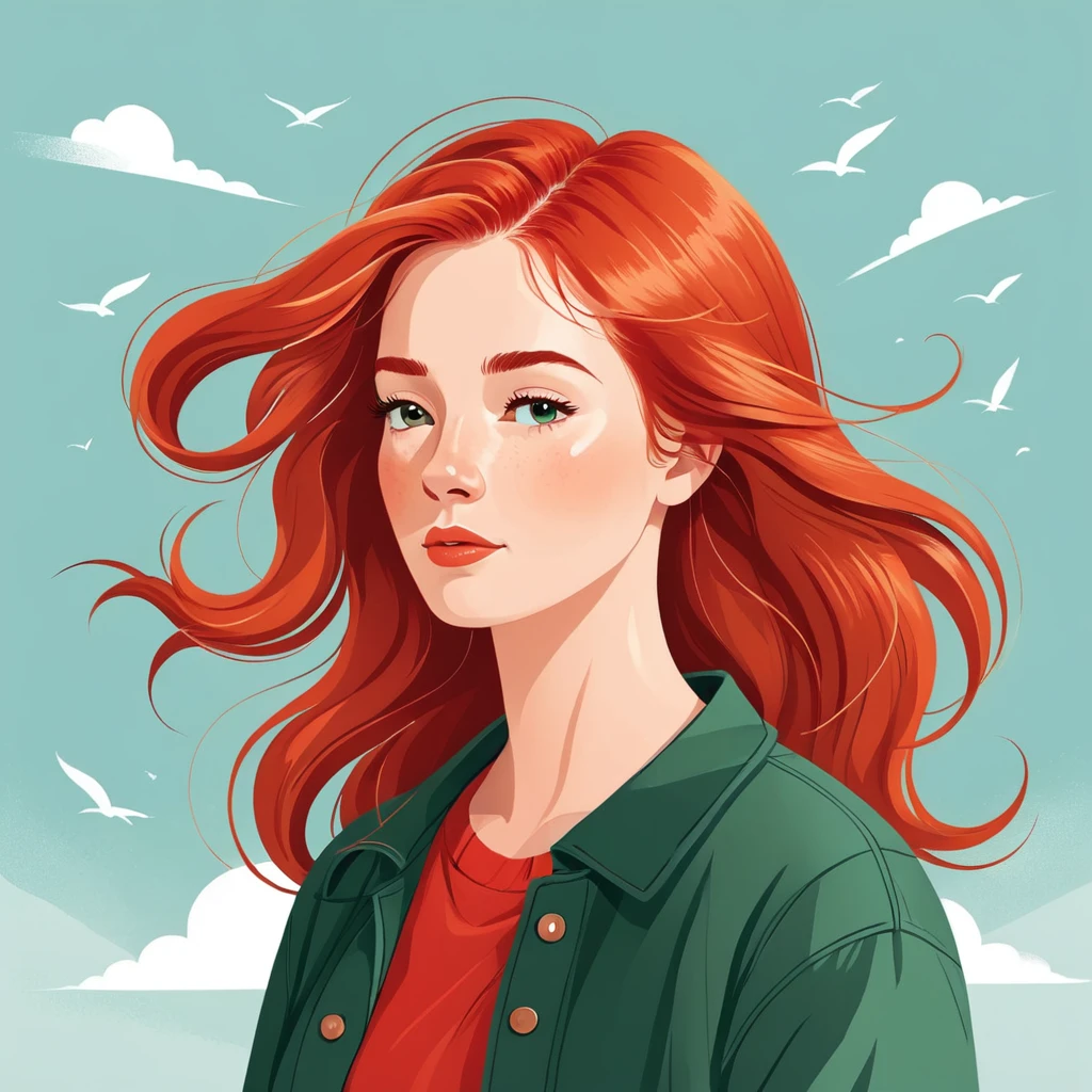 A flat style illustration a red-haired woman with hair blowing in the wind, a woman. She is thoughtful..by Kathrin Honesta