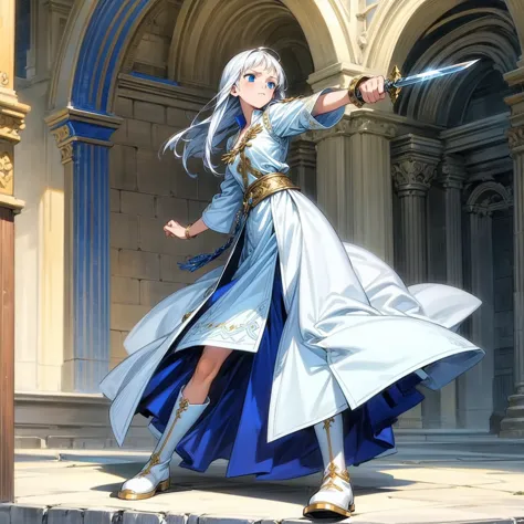 solo character, girl, full body version, white hair, long haircut, blue eyes, ancient greek tunic clothing, white color clothing...