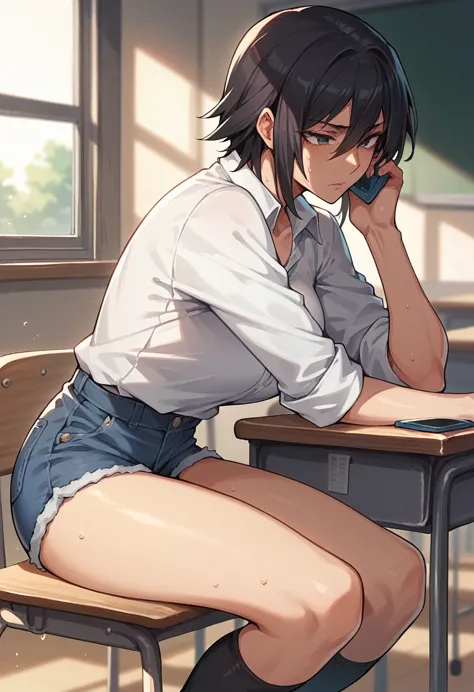 shirase sakuya,denim shorts,black knee socks,white shirt with rolled up sleeves,black hair,short hair,boyish,classroom,telephone...