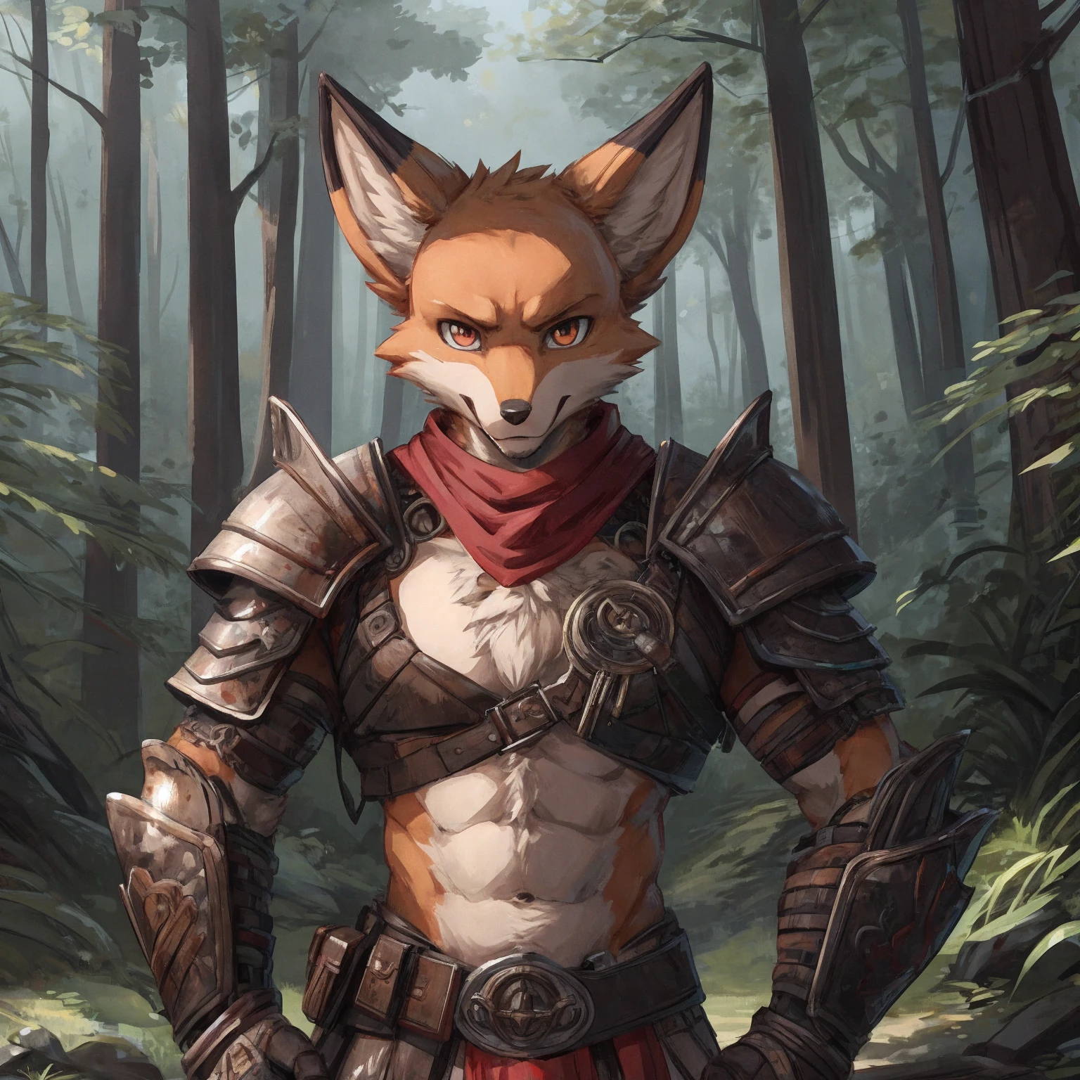 Male fox, fox, slim, young, fox, tribal armor, revealing armor, visible_chest, red_scarf,forest,tribal clothes,Perfect Anatomy,HDR,8K, anime, ,by_nullghost,by_nullghost,nullghost_art_style, comicbook_art,detailed, HD, 4k,upper_body,body_shot,face_focus, good looking, fullbody, slim, small, slender, orange_fur,black_fur, visible_chest, chest, sexy_armor
