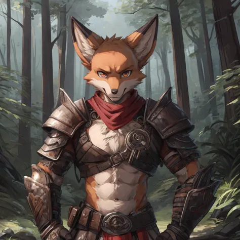 Male fox, fox, slim, young, fox, tribal armor, revealing armor, visible_chest, red_scarf,forest,tribal clothes,Perfect Anatomy,H...