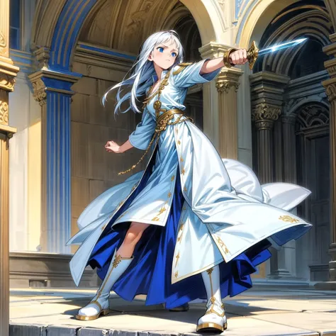 solo character, girl, full body version, white hair, long haircut, blue eyes, ancient greek tunic clothing, white color clothing...