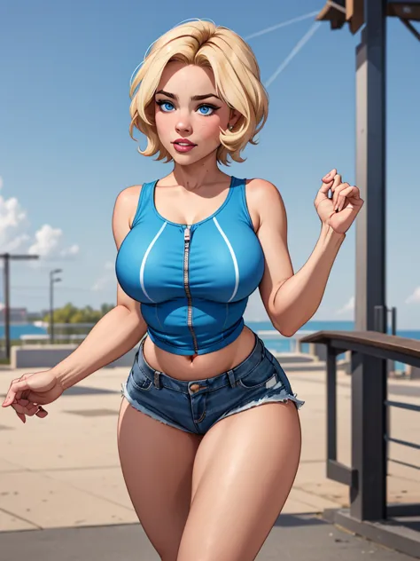 young female, short blonde hair, big blue eyes, rosy cheeks, wearing a tight blue tank top, with a breasted neckline, with her b...