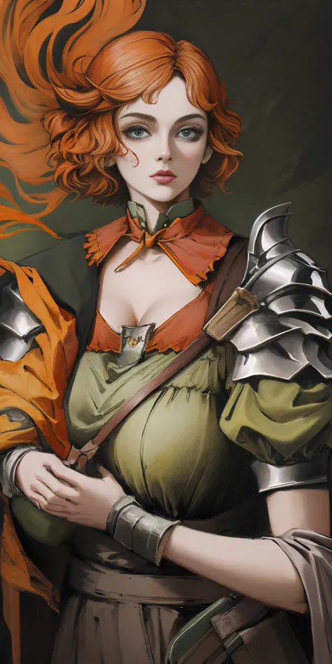funger, very detailed illustration, 1girl, big breasts, high res high quality, masterpiece, looking at viewer, (knight), orange ...