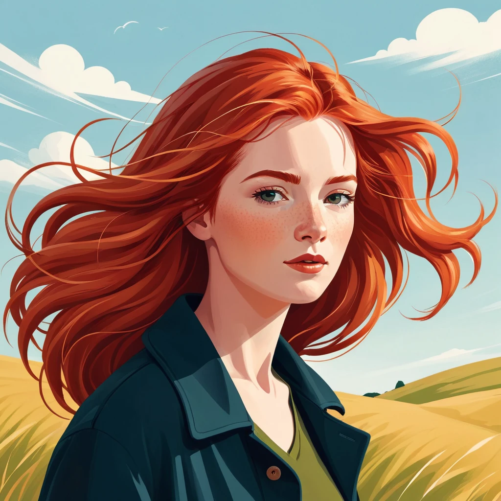 A flat style illustration a red-haired woman with hair blowing in the wind, a woman. by Clémence Guillemaud