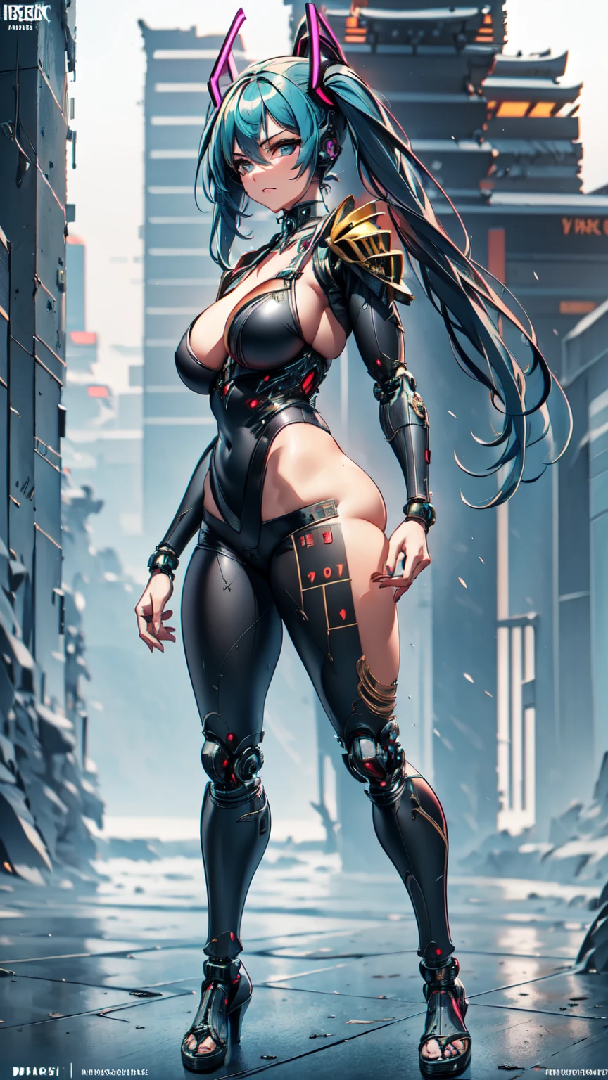 Adult Woman, Hatsune Miku, Dignified Face, ((Japanese Armor Warrior)), ((Heavy cybernetic leotards)), Cyberpunk, High Heels, Masterpiece, Top Quality, Super Detailed, Dignified Face, Anime Visuals, Heavy Cybernetic Leotard, Science Fiction, Good _ Face: 0.8