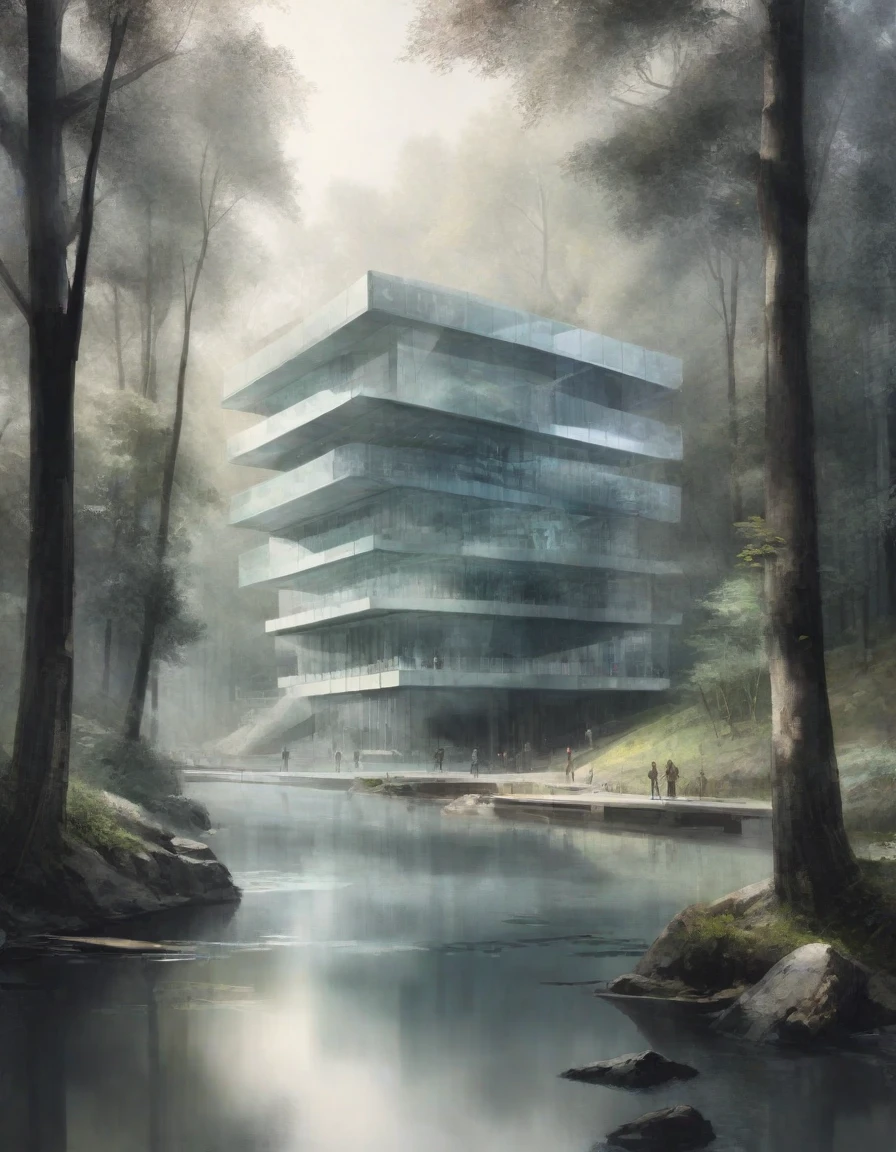 Complex sketch concept futuristic building facade,Corbusier,Glass façade,Museum,In a beautiful forest,river,Fantastic light shines in,In the fog,Asahi,