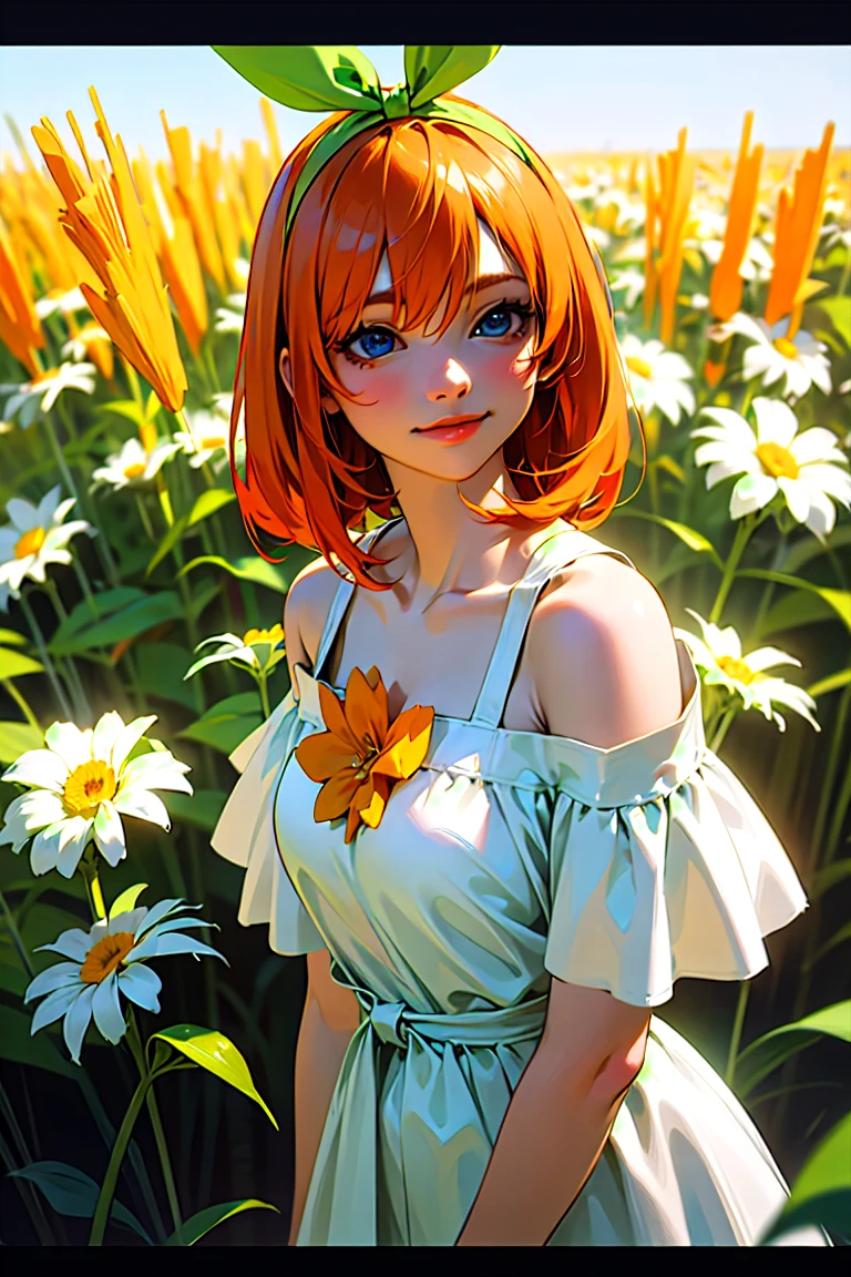 Best Quality, masterpiece, ultra high resolution, (photorealistic:1.4), raw photo, 1 girl, White dress, off the shoulder, field of flowers, shiny skin, light smile, Yotsuba Nakano, orangw hair, shoulder length orange hair, blue eyes, Green ribbon