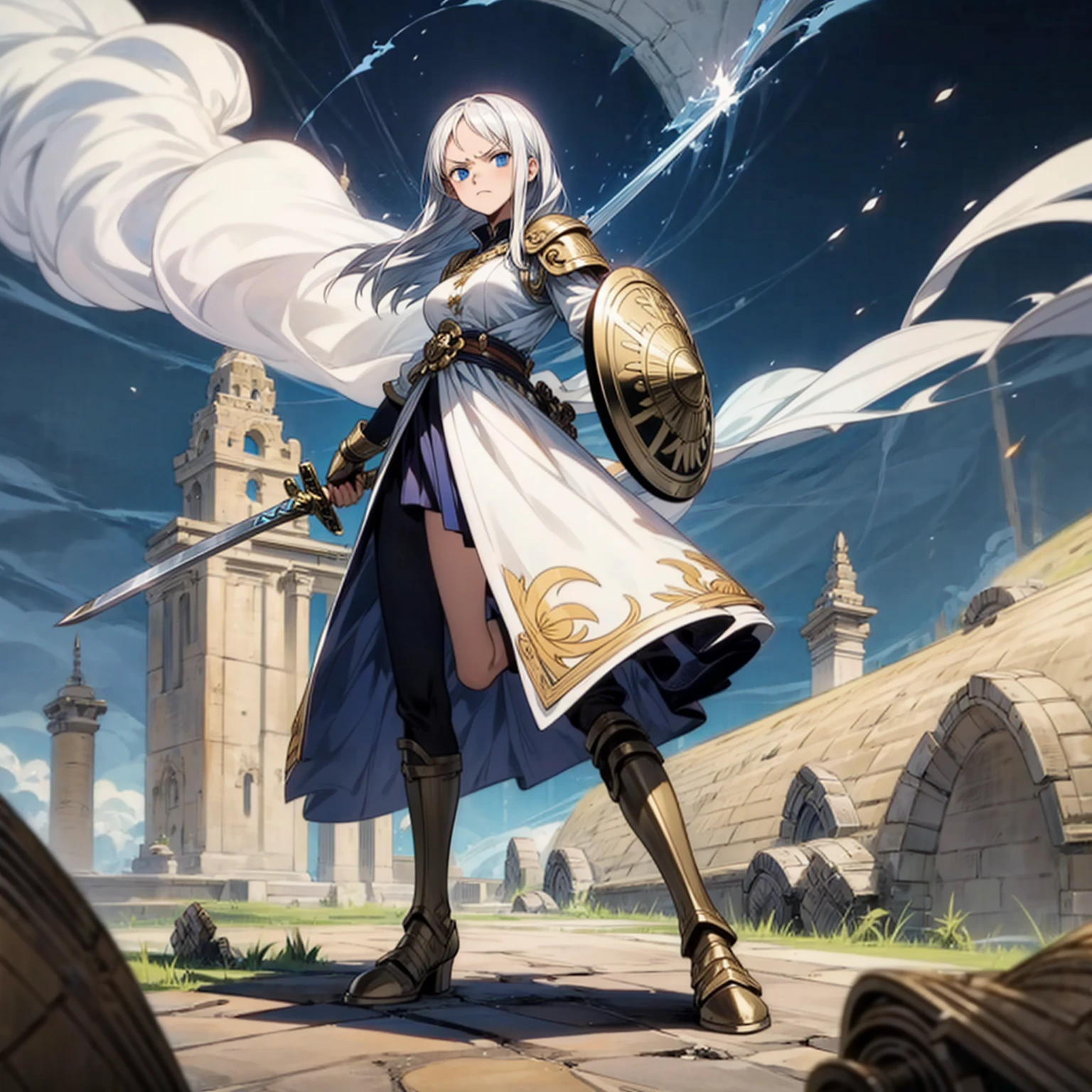 Solo character, girl, full body version, white hair, long haircut, blue eyes, Big breasts, Ancient greek soldier clothing, black color clothing, gold armor, boots, Grassroots, full background in outdoor Castle, (one piece style art), standing battle gesture, Sword in hand, Shield in Back, smoke effect, blood on background, lighting effect on sword, fire effect on background, motion blur, angry fece, angry eyes 