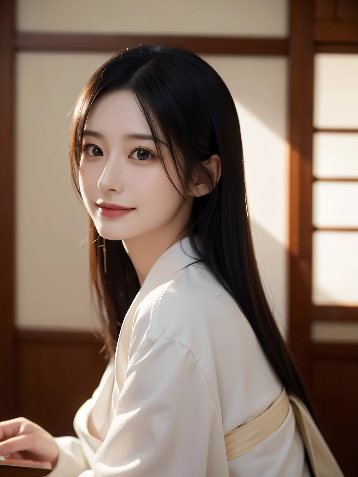 (ultra-detailed),((portrait )),1beautiful Japanese girl,((smile)),beautiful detailed eyes,beautiful detailed lips,extremely detailed face,longeyelashes,soft smile,natural lighting, wearling japanese elegant Kimono,realistic,(masterpiece:1.4),(best quality:1.4),(shiny skin),makeup,smile(skinny,closed mouth,shy :1.3) ,((smile)),(8k, RAW photo, best quality, masterpiece:1.2), (realistic, photo-realistic:1.37),(sharp focus:1.2), professional lighting, photon mapping, radiosity, physically-based rendering,