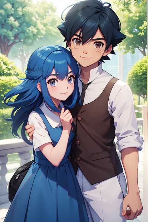 good quality,duo, 1 girl (dawn, by the wide ,blue hair,blue eyes,dress ) 1 man (ketchum ash, black fur,brown eyes,shirt), couple...