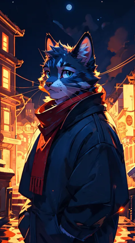 a complete body, anthropomorphic senior adult cat wearing a blue hoodie., pants and a red scarf around the neck, beautiful face ...