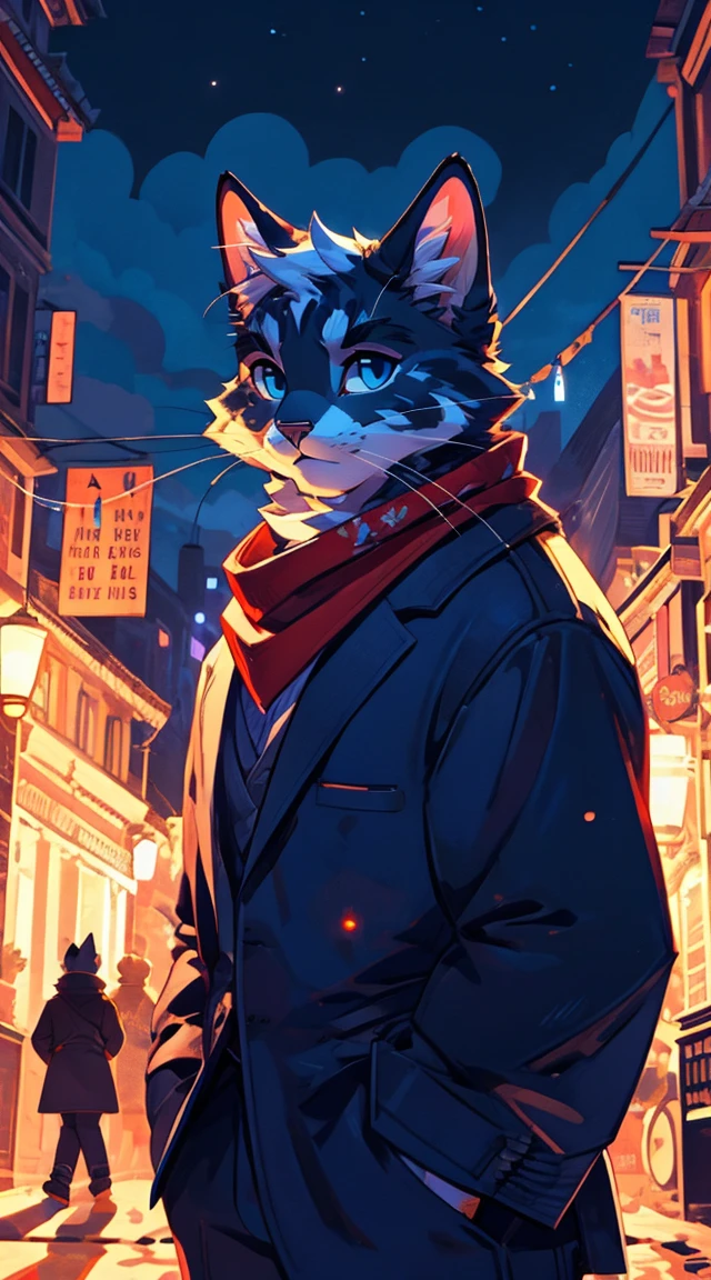 a complete body, Anthropomorphic senior adult cat wearing a blue hoodie., pants and a red scarf around the neck, beautiful face , posing for a photo on a hill at night with a city in the distance