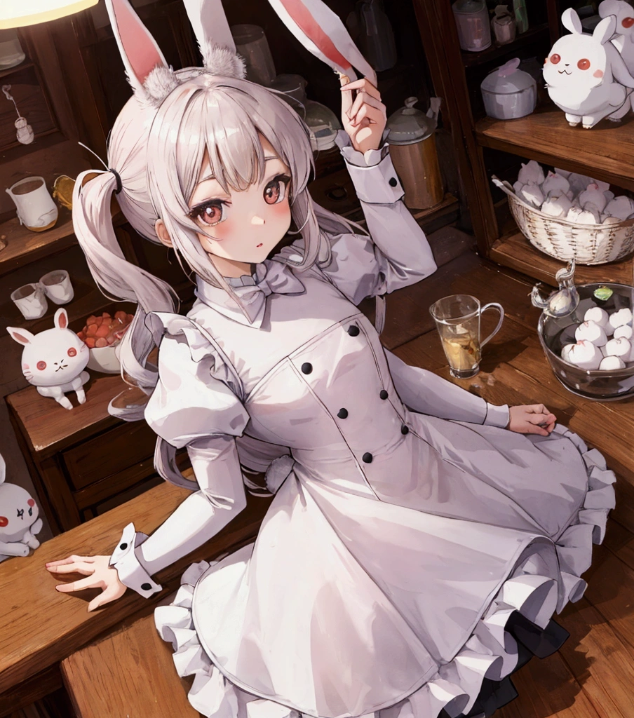 kemono, rabbit woman, cute look, rounded face, small mouth, dress, domestic environment, flat ilumination