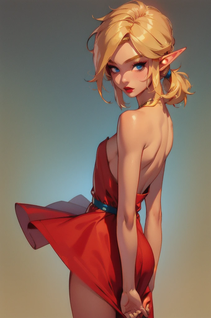 1 boy, solo, 1 boy, solo, solo, masterpiece, best quality, 18 years old, link, elf, tan skin, long blonde hair, blue eyes, eye shadow, lipstick, red dress, strapless backless dress,