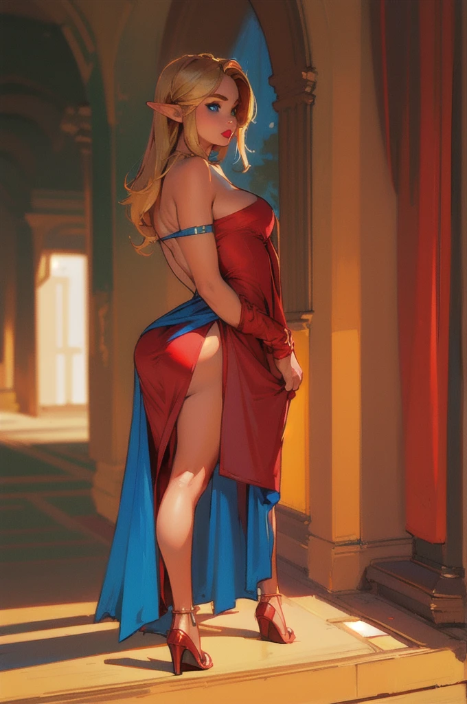 1 boy, solo, 1 boy, solo, solo, masterpiece, best quality, 18 years old, link, elf, tan skin, long blonde hair, blue eyes, eye shadow, lipstick, red dress, strapless backless dress, slit leg,