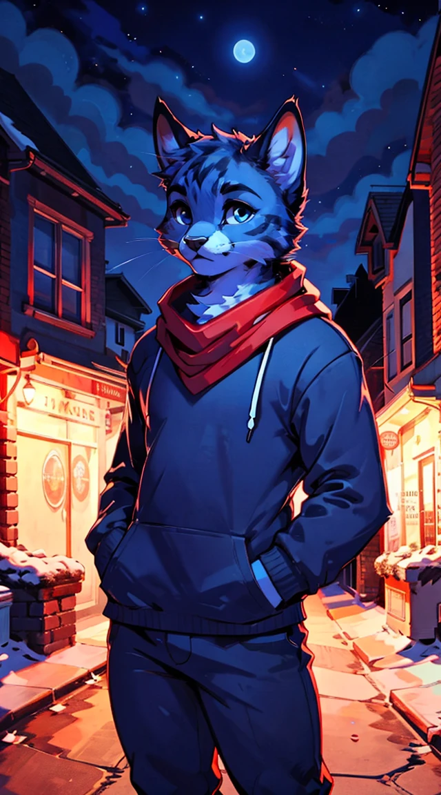 a complete body, Anthropomorphic adult cat wearing a blue hoodie., pants and a red scarf around the neck, beautiful face , posing for a photo on a hill at night with a city in the distance