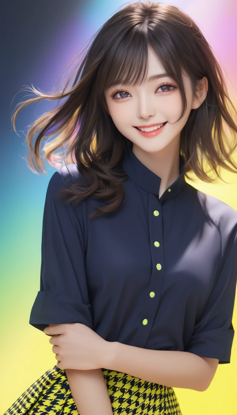 Beautiful Japanese Woman, soft skin and perfect face, A small face with a nose and rosy lips, Beautiful Eyes, Beautiful smile. black, Surrounded by a bright, ethereal glow、Thin, long, beautiful hair. A loose, medium hairstyle with gradation highlights and grey layers, Navy band collar shirt x yellow houndstooth flare skirt, Bright neon colorful background, Hyperrealistic female photos, High quality high resolution 8K masterpiece