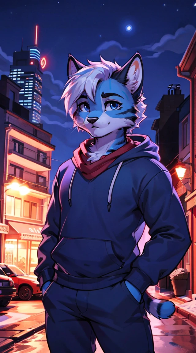 a complete body, Anthropomorphic adult cat wearing a blue hoodie., pants and a red scarf around the neck, beautiful face , posing for a photo on a hill at night with a city in the distance