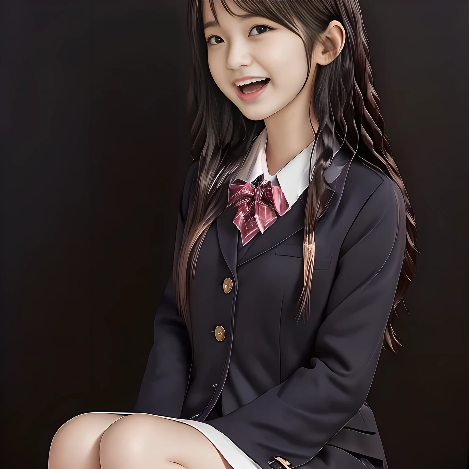 (Highest quality, masterpiece:1.2), Highest quality, High resolution, 1080P, 8k, height: 158cm, super long black hair, ((Seven noble, graceful and intelligent 14yo Japanese young long hair idles who have a best proportion are seated and singing religious hymn chorus with opening their mouth, all of them are watching at me!: 1.5)), ((So sweet, very noble, neat, and pretty 14yo Japanese beautiful fashion magazine models are surrounding me and looking gracefully at me: 1.6)), ((All of them are looking directly at me,)) ((((Very pure white face and limbs)))), Glossy Lips, (Evenly cut curled bangs), ((Very beautiful, droopy, cute, pure, noble, intelligent brown eyes with detailed: 1.6)), ((Gorgeous and very wavy super long black hair, super very long wavy black hair, beautiful wavy hair like a princess: 1.8)), (Very shiny, glossy Lips), Watch at you, ((Incredibly well organized, Rich facial expressions)), ((Plump and beautiful white skin and face)), ((Pure, clear, gentle brown eyes)), ((staring at me)), Glossy Lips, ((Noble and elegant)), ((Large upward-curving lips)), ((((Navy gorgeous Japanese school blazer with noble golden emblem)))), ((Navy and sapphire blue Japanese school gorgeous uniform)), ((Tartan check pattern dark blue and navy pleated gorgeous skirt with beautiful white fat calf: 1.0)), ((Blue gloss chest ribbon: 1.0)), ((((An ecstatic expression of boundless joy)))), (((Beauty and fashion magazine for young girls))), ((Cute beautiful knees)), ((Well-shaped ample breasts)), ((Tilting his head and smiling)), ((Plain darkness background: 1.5)), (Singing in religious happiness and inviting me to the happiness with them: 1.0), ((Too beautiful women to stop falling into them: 1.6)), ((They are in fact succubi and seated with strong religious temptation)), Shooting from the side