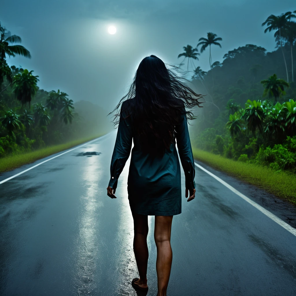 endless dreamscape of terror, in the gloomy dark night of an old road in tropical forest of Malaysia. dramatic sky, moon light spill on the road. there is a Woman, walking across the street,, side profile shot. she is walking across the road from the bushes at shoulder of the road. she has massive long black hair, hair touched the ground, swipes the ground ((30 feet long hair)) creepy situation. horror movie. natural lights. cosmic outer space, worst nightmares, gloomy, disturbing, indescribable terror, (heavy fog:1.1), shadow, dark night, texture, masterpiece, great art, high quality, best quality, highly detailed, 8k, wide shot, panorama, (Bottom view:1.1)ultra realistic,32k, RAW photo,(high detailed skin:1.2), 8k uhd, high quality, film grain