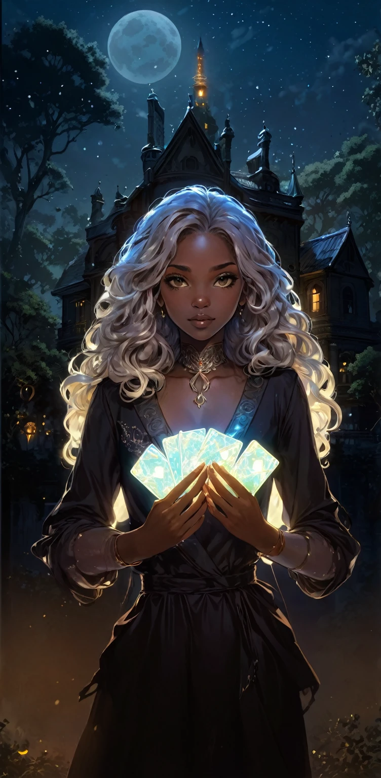 beautiful illustration, ultra-detailed, masterpiece, night, old, mysterious building, trees, afro girl with light wavy hair, holding glowing cards