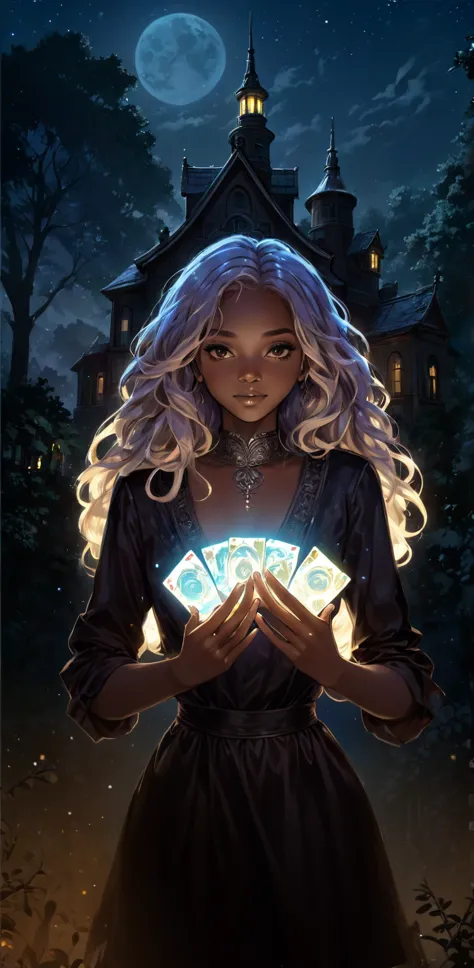 beautiful illustration, ultra-detailed, masterpiece, night, old, mysterious building, trees, afro girl with light wavy hair, hol...