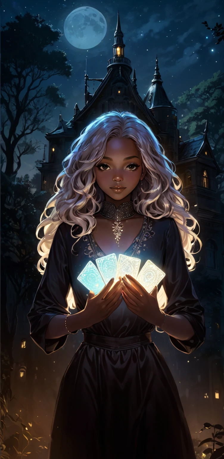 beautiful illustration, ultra-detailed, masterpiece, night, old, mysterious building, trees, afro girl with light wavy hair, holding glowing cards