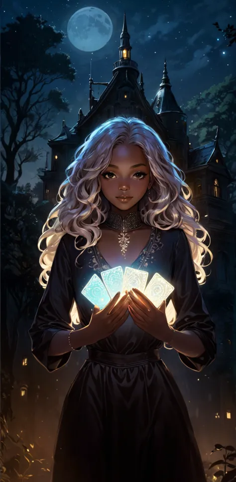 beautiful illustration, ultra-detailed, masterpiece, night, old, mysterious building, trees, afro girl with light wavy hair, hol...
