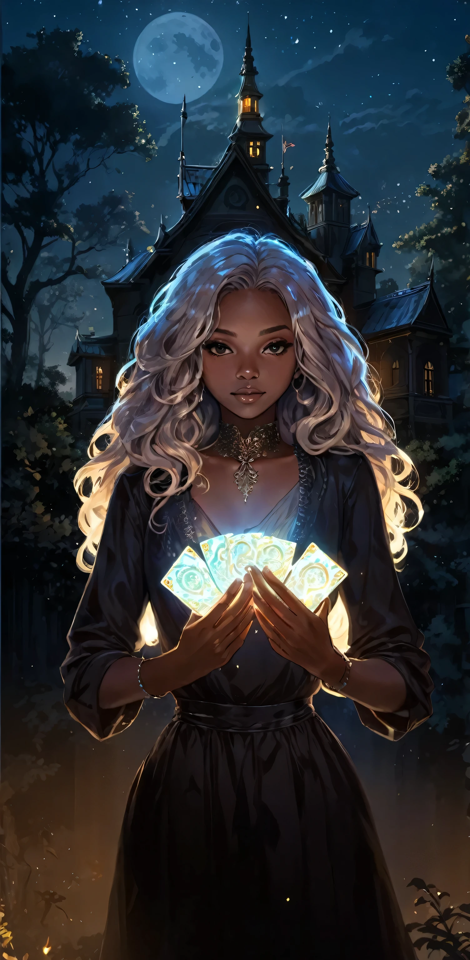 bela ilustração, Ultra-detalhado, obra de arte, noite, velho, Edifício misterioso, árvores, afro menina com cabelo ondulado claro, hvelhoing glowing cards