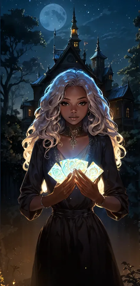 beautiful illustration, ultra-detailed, masterpiece, night, old, mysterious building, trees, afro girl with light wavy hair, hol...