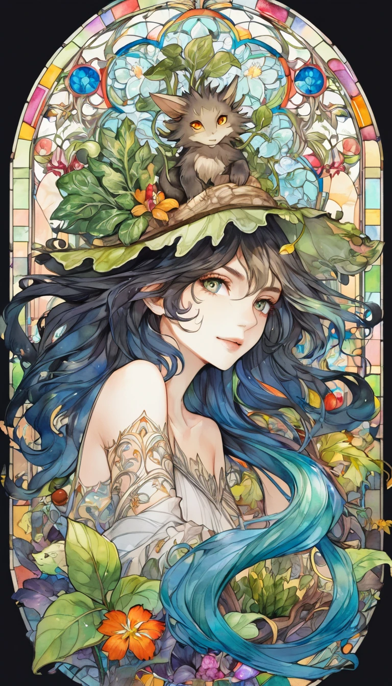 Playing with the tides,Luxray, Split Color Hair, Wind, 舞い散るflowerびら, Stained Glass AI, Decorative, Intricate details, Dukhkova, 2D, Line art, watercolor, ink watercolor, Random color hair, Super long hair, Wavy, One girl,Mandrake,flower, Mandrake,  