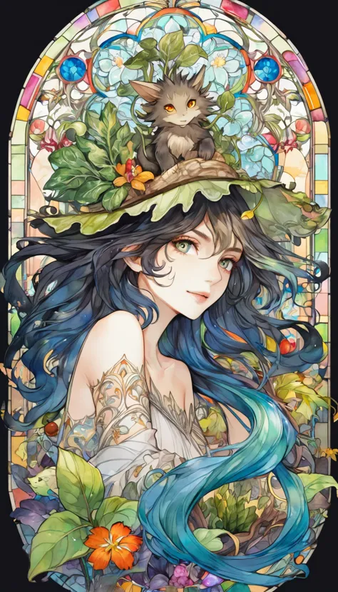 playing with the tides,luxray, split color hair, wind, 舞い散るflowerびら, stained glass ai, decorative, intricate details, dukhkova, ...