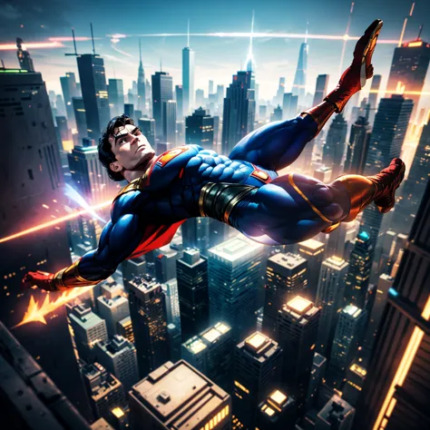 superman flying above metropolis, (masterpiece,detailed,highres:1.4)