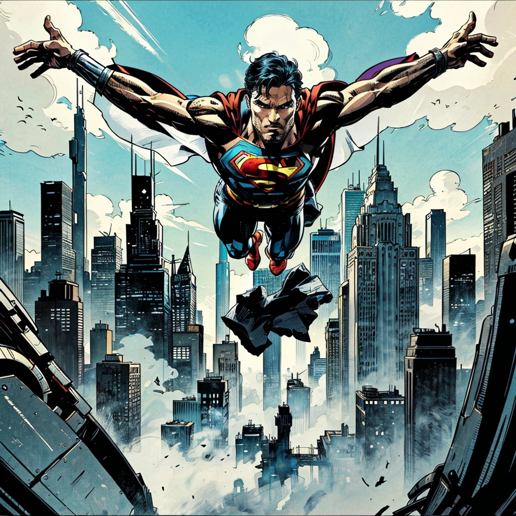 Superman flying above Metropolis, (masterpiece,detailed,highres:1.4)